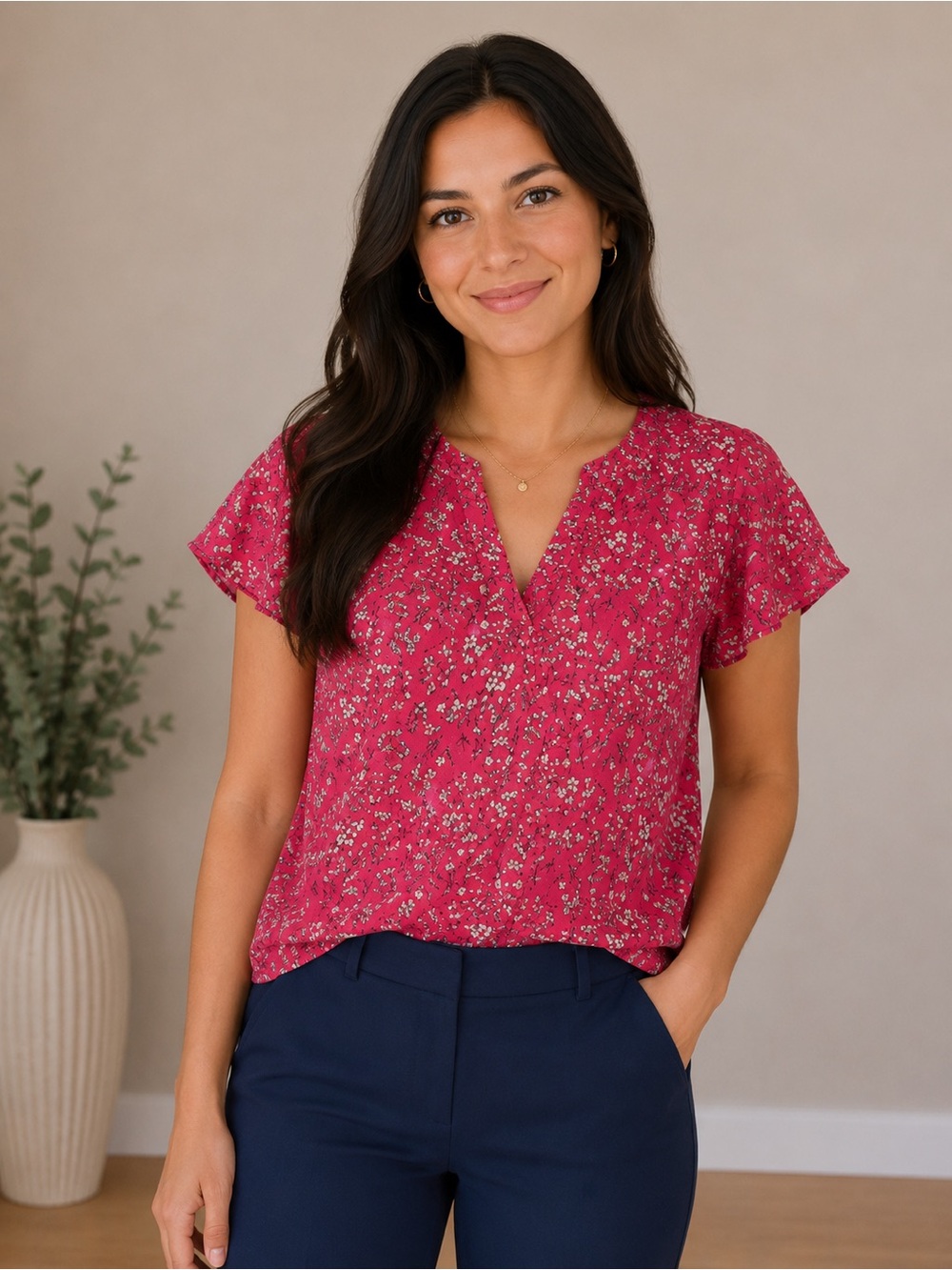 Banana Republic Hot Pink Floral V-Neck Short Sleeve Blouse